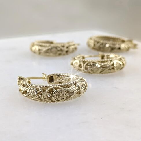 18K Gold Plated Hoop Earrings for Women, 30mm Vintage Filigree Gold Hoops, Lightweight and Comfortable, Elegant Statement Earrings, Gift for Special Occasions in Saudi Arabia
