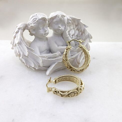 18K Gold Plated Hoop Earrings for Women, 30mm Vintage Filigree Gold Hoops, Lightweight and Comfortable, Elegant Statement Earrings, Gift for Special Occasions in Saudi Arabia