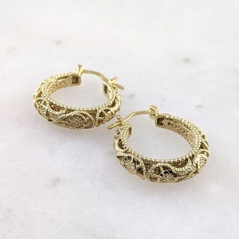 18K Gold Plated Hoop Earrings for Women, 30mm Vintage Filigree Gold Hoops, Lightweight and Comfortable, Elegant Statement Earrings, Gift for Special Occasions in Saudi Arabia