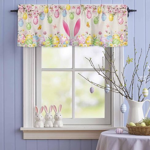 jasminem عيد الفصح الستائر الستائر للنوافذ الأرنب بيض عيد الفصح الزهور الزينة قضيب جيب المطبخ الستارة فراشة النبات الرجعية نافذة صغيرة الستائر العلاج لغرفة النوم غرفة المعيشة 42x12in in Kuwait