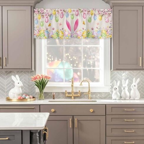 jasminem عيد الفصح الستائر الستائر للنوافذ الأرنب بيض عيد الفصح الزهور الزينة قضيب جيب المطبخ الستارة فراشة النبات الرجعية نافذة صغيرة الستائر العلاج لغرفة النوم غرفة المعيشة 42x12in in Kuwait