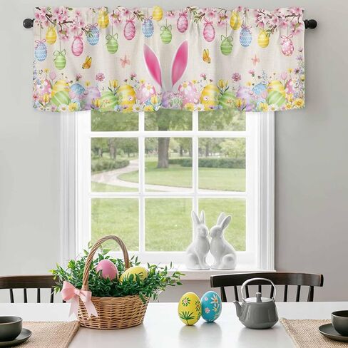 jasminem عيد الفصح الستائر الستائر للنوافذ الأرنب بيض عيد الفصح الزهور الزينة قضيب جيب المطبخ الستارة فراشة النبات الرجعية نافذة صغيرة الستائر العلاج لغرفة النوم غرفة المعيشة 42x12in in Kuwait
