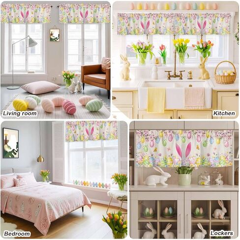 jasminem عيد الفصح الستائر الستائر للنوافذ الأرنب بيض عيد الفصح الزهور الزينة قضيب جيب المطبخ الستارة فراشة النبات الرجعية نافذة صغيرة الستائر العلاج لغرفة النوم غرفة المعيشة 42x12in in Kuwait