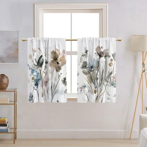 ستائر مطبخ المزرعة بتصميم زهرة مائية للنوافذ ستائر جيب قضيب الستارة للحمام وغرفة المعيشة والمقهى ديكور المنزل (زهرة الألوان المائية، 27.5 بوصة × 39.9 بوصة - قطعتان) in Kuwait