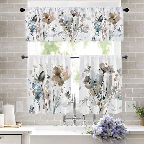 ستائر مطبخ المزرعة بتصميم زهرة مائية للنوافذ ستائر جيب قضيب الستارة للحمام وغرفة المعيشة والمقهى ديكور المنزل (زهرة الألوان المائية، 27.5 بوصة × 39.9 بوصة - قطعتان) in Kuwait