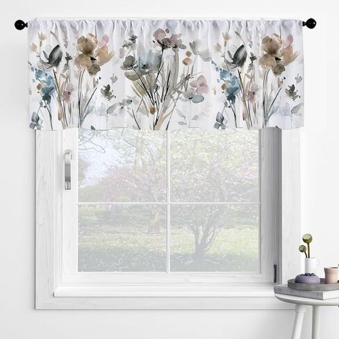 ستائر مطبخ المزرعة بتصميم زهرة مائية للنوافذ ستائر جيب قضيب الستارة للحمام وغرفة المعيشة والمقهى ديكور المنزل (زهرة الألوان المائية، 27.5 بوصة × 39.9 بوصة - قطعتان) in Kuwait