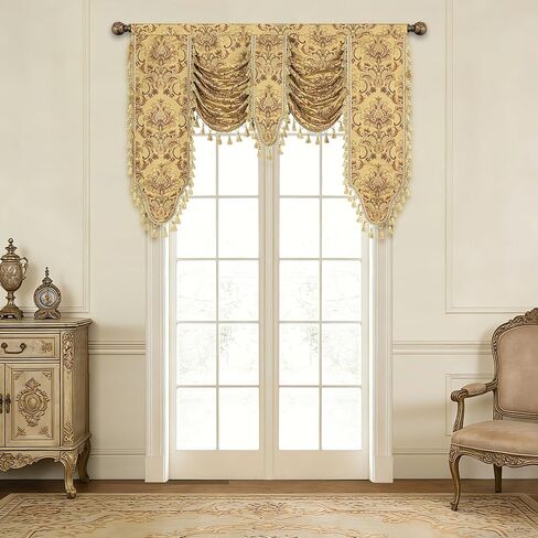 ستائر الشلال الكلاسيكية المنوال والمطحنة لغرفة المعيشة وغرفة النوم، ستائر نافذة من قماش الجاكار الدمشقي السميك الأوروبي مع شرابات لتزيين الحفلات والولائم (أصفر، عرض 59 بوصة، لوحة واحدة) in Kuwait