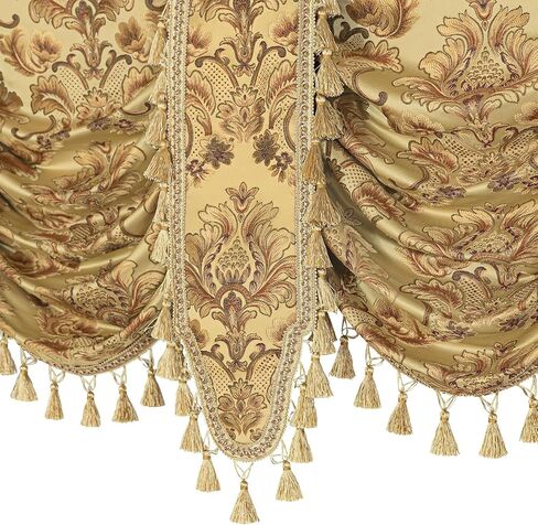 ستائر الشلال الكلاسيكية المنوال والمطحنة لغرفة المعيشة وغرفة النوم، ستائر نافذة من قماش الجاكار الدمشقي السميك الأوروبي مع شرابات لتزيين الحفلات والولائم (أصفر، عرض 59 بوصة، لوحة واحدة) in Kuwait