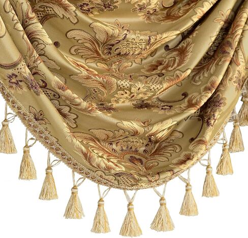 ستائر الشلال الكلاسيكية المنوال والمطحنة لغرفة المعيشة وغرفة النوم، ستائر نافذة من قماش الجاكار الدمشقي السميك الأوروبي مع شرابات لتزيين الحفلات والولائم (أصفر، عرض 59 بوصة، لوحة واحدة) in Kuwait