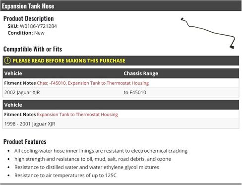 Radiator Coolant Overflow Expansion Tank Hose - Compatible with 1998-2002 Jaguar XJR (To Chassis # F45010) in Saudi Arabia
