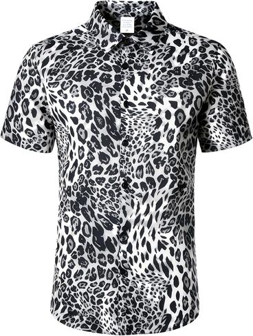 قميص رجالي صيفي بطباعة الفهد بأكمام قصيرة وطبعة حيوان الفهد قمصان هاواي بأزرار للأسفل in Kuwait