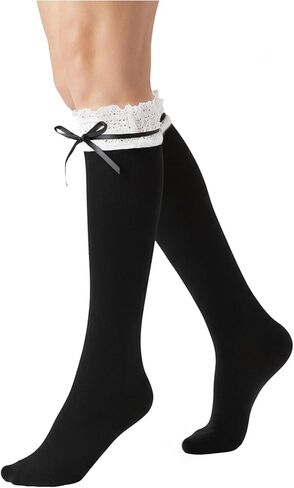 Yookat Womens Lace Ruffle Knee High Socks Lolita Thigh High Socks for Women Girls School Dating Dance Black in Kuwait
