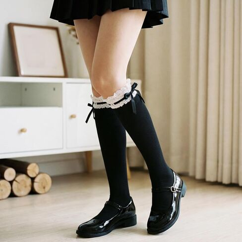 Yookat Womens Lace Ruffle Knee High Socks Lolita Thigh High Socks for Women Girls School Dating Dance Black in Kuwait
