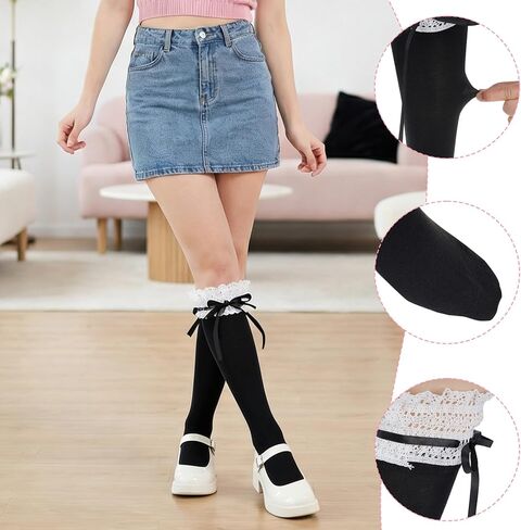 Yookat Womens Lace Ruffle Knee High Socks Lolita Thigh High Socks for Women Girls School Dating Dance Black in Kuwait