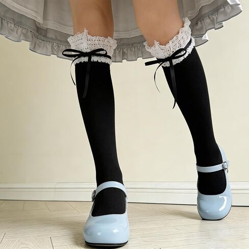 Yookat Womens Lace Ruffle Knee High Socks Lolita Thigh High Socks for Women Girls School Dating Dance Black in Kuwait
