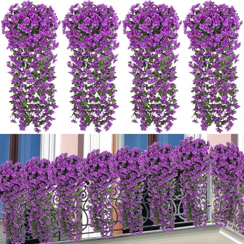 Ouddy Decor 4 قطع زهور صناعية معلقة نباتات وهمية زهور بنفسجية إكليل من الكرمة للمنزل الداخلي والخارجي والحديقة والفناء وغرفة الشرفة وديكور الزفاف، أرجواني in Kuwait