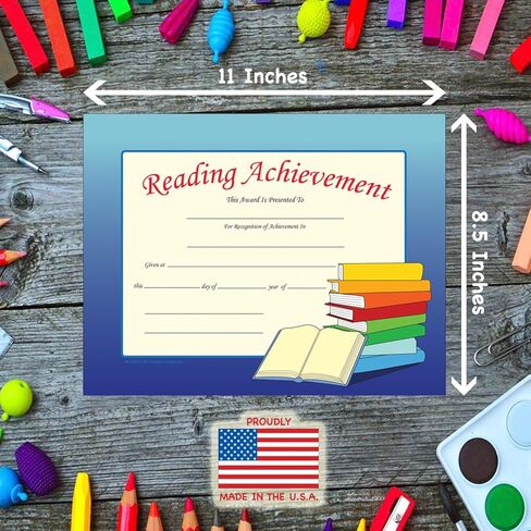 SHAPES ETC. 30pcs Reading Achievement Recognition Certificates 11in x 8.5in Colorful Award Kids Student Graduations Moving Up Ceremonies Achievement Days Banquets Academic Competitions USA Made in Saudi Arabia