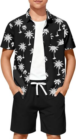 Haloumoning Boys 2 Piece Summer Outfits Kids Hawaiian Shirt and Drawstring Shorts Set Beach Vacation Outfit 5-14 Years in Saudi Arabia