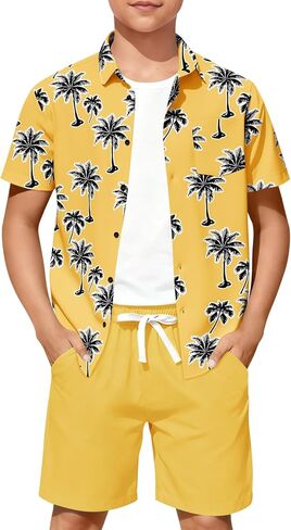 Haloumoning Boys 2 Piece Summer Outfits Kids Hawaiian Shirt and Drawstring Shorts Set Beach Vacation Outfit 5-14 Years in Saudi Arabia