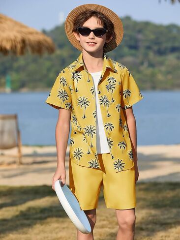 Haloumoning Boys 2 Piece Summer Outfits Kids Hawaiian Shirt and Drawstring Shorts Set Beach Vacation Outfit 5-14 Years in Saudi Arabia