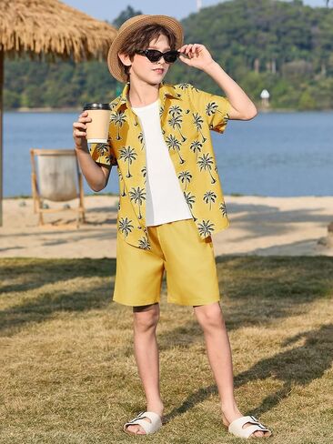 Haloumoning Boys 2 Piece Summer Outfits Kids Hawaiian Shirt and Drawstring Shorts Set Beach Vacation Outfit 5-14 Years in Saudi Arabia
