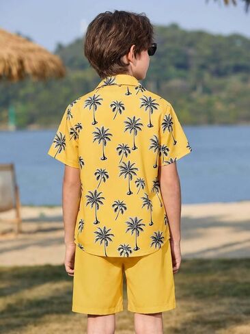 Haloumoning Boys 2 Piece Summer Outfits Kids Hawaiian Shirt and Drawstring Shorts Set Beach Vacation Outfit 5-14 Years in Saudi Arabia