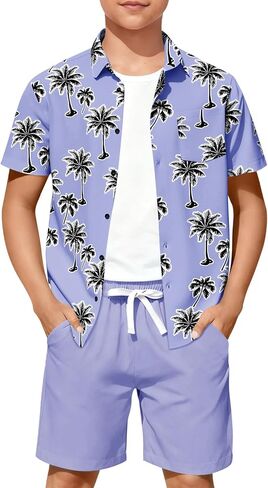 Haloumoning Boys 2 Piece Summer Outfits Kids Hawaiian Shirt and Drawstring Shorts Set Beach Vacation Outfit 5-14 Years in Saudi Arabia