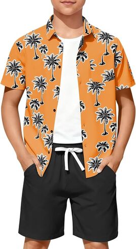 Haloumoning Boys 2 Piece Summer Outfits Kids Hawaiian Shirt and Drawstring Shorts Set Beach Vacation Outfit 5-14 Years in Saudi Arabia