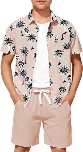 Haloumoning Boys 2 Piece Summer Outfits Kids Hawaiian Shirt and Drawstring Shorts Set Beach Vacation Outfit 5-14 Years in Saudi Arabia