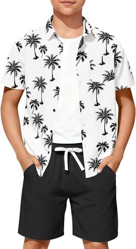 Haloumoning Boys 2 Piece Summer Outfits Kids Hawaiian Shirt and Drawstring Shorts Set Beach Vacation Outfit 5-14 Years in Saudi Arabia