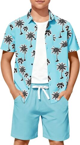 Haloumoning Boys 2 Piece Summer Outfits Kids Hawaiian Shirt and Drawstring Shorts Set Beach Vacation Outfit 5-14 Years in Saudi Arabia