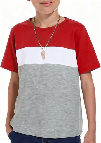 Haloumoning Boys Short Sleeve Shirts Kids Fashion Tops Crewneck Color Block Tees 5-14Y in Kuwait