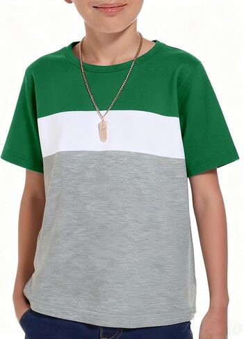 Haloumoning Boys Short Sleeve Shirts Kids Fashion Tops Crewneck Color Block Tees 5-14Y in Saudi Arabia