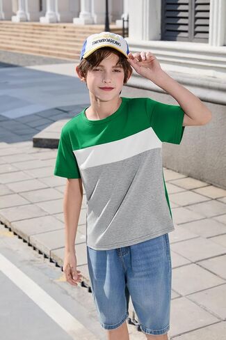Haloumoning Boys Short Sleeve Shirts Kids Fashion Tops Crewneck Color Block Tees 5-14Y in Saudi Arabia