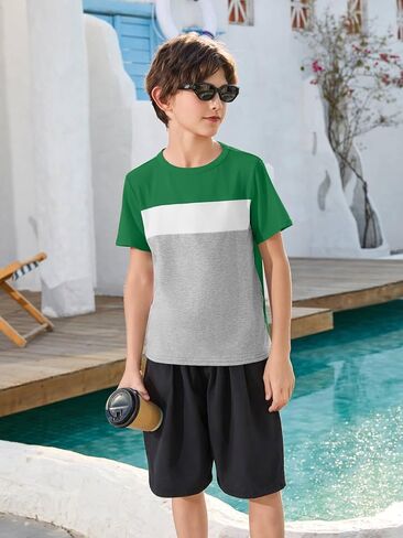 Haloumoning Boys Short Sleeve Shirts Kids Fashion Tops Crewneck Color Block Tees 5-14Y in Saudi Arabia