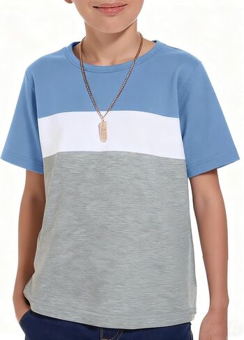 Haloumoning Boys Short Sleeve Shirts Kids Fashion Tops Crewneck Color Block Tees 5-14Y in Saudi Arabia