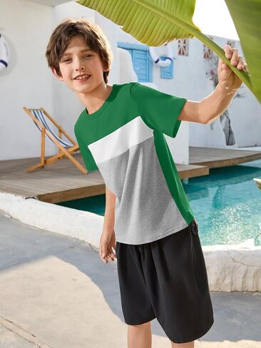 Haloumoning Boys Short Sleeve Shirts Kids Fashion Tops Crewneck Color Block Tees 5-14Y in Saudi Arabia