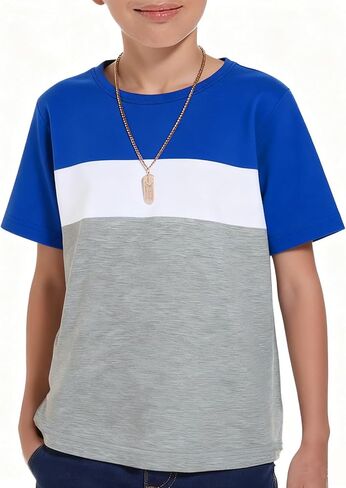 Haloumoning Boys Short Sleeve Shirts Kids Fashion Tops Crewneck Color Block Tees 5-14Y in Saudi Arabia