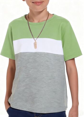 Haloumoning Boys Short Sleeve Shirts Kids Fashion Tops Crewneck Color Block Tees 5-14Y in Saudi Arabia