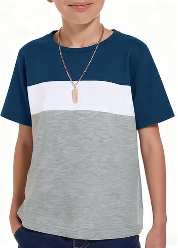 Haloumoning Boys Short Sleeve Shirts Kids Fashion Tops Crewneck Color Block Tees 5-14Y in Saudi Arabia