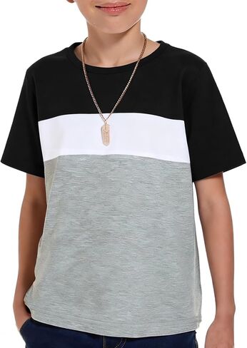 Haloumoning Boys Short Sleeve Shirts Kids Fashion Tops Crewneck Color Block Tees 5-14Y in Saudi Arabia