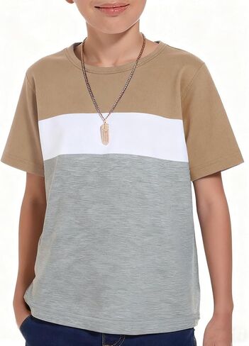 Haloumoning Boys Short Sleeve Shirts Kids Fashion Tops Crewneck Color Block Tees 5-14Y in Saudi Arabia