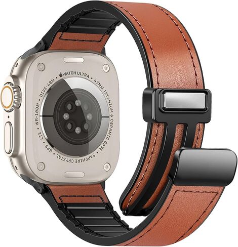 Magnetic Leather Watch Band Compatible with Apple Watch Band 42mm 41mm 40mm 38mm, Genuine Leather with Magnetic Buckle Strap Compatible with Apple Watch Ultra/2 Series 10/9/8/7/6/5/4/3/2/1 in Kuwait
