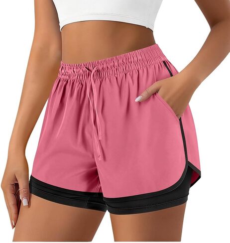 شورت نسائي للجري 2 في 1 لتمارين اليوغا والجيم شورت رياضي برباط مرن عالي الخصر مع جيوب in Kuwait