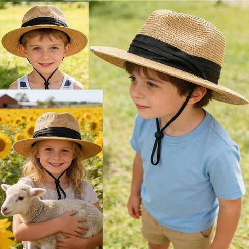 Kids Straw-Sun-Hat Boys Panama-Beach-Hat Girls Wide-Brim Sun Protection Fedora-Straw-Hat fit for 5-9T Summer-Outdoor in Kuwait