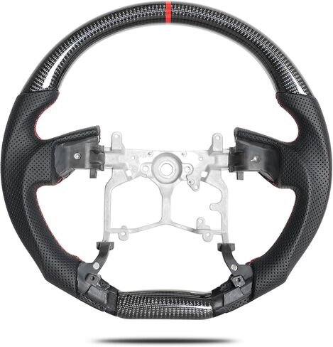عجلة قيادة من ألياف الكربون - تصميم مسطح من الأسفل لسيارة Toyota Prado LC150 2010-2017/Tundra 2014-2021/Tacoma 2010-2023/4Runner 2010-2024 - قبضة مريحة مع علامة مركزية حمراء in Kuwait