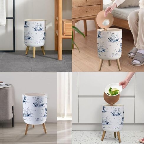 سلة المهملات الصغيرة مع غطاء عتيق مرسومة يدويًا، تويلي دي جوي، بدون خياطة مع أرجل خشبية منارة، غطاء ضغط، صندوق قمامة دائري بسيط، سلة مهملات بشرية بسيطة لمكتب الحمام والمطبخ in Kuwait