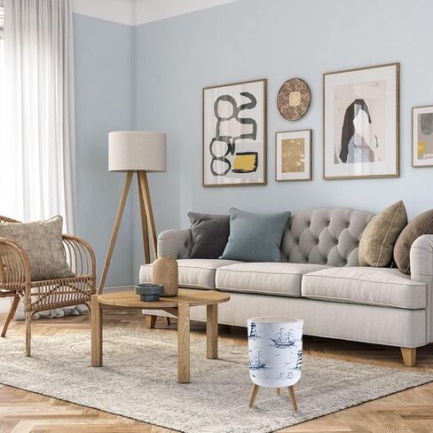 سلة المهملات الصغيرة مع غطاء عتيق مرسومة يدويًا، تويلي دي جوي، بدون خياطة مع أرجل خشبية منارة، غطاء ضغط، صندوق قمامة دائري بسيط، سلة مهملات بشرية بسيطة لمكتب الحمام والمطبخ in Kuwait