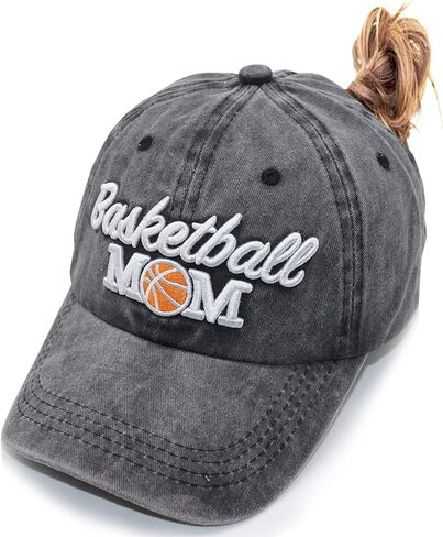 Basketball Mom Ponytail Baseball Cap Messy Bun Vintage Washed Distressed Twill Plain Hat for Women (Basketball Mom 3D Black, One Size) in Saudi Arabia