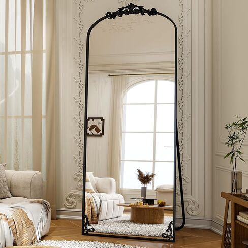 Arched Full Length Mirror, 71'' x 28'' Vintage Full Body Mirror with Carved for Home Decor, Standing Floor Mirror for Wall for Living Room, Bedroom, Cloakroom, Black, Retro Style in Kuwait